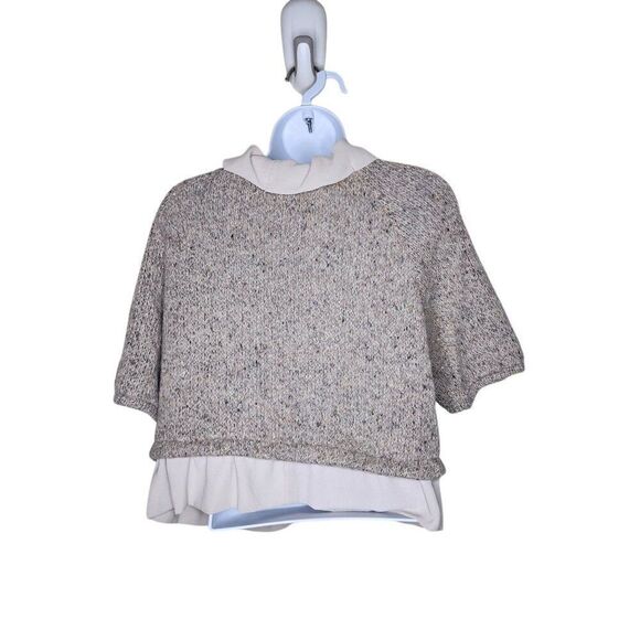 Dessin Short Sleeve Cropped Cardigan Womens L Beige Ivory Ruffle - Picture 4 of 7